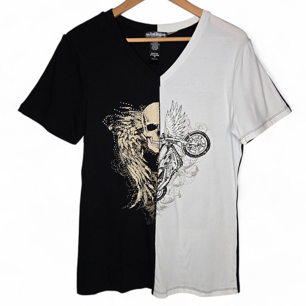 From Los Angeles by Bus Stop Top Women's Jewel Studded Angel Wing Skulls Moto 2X